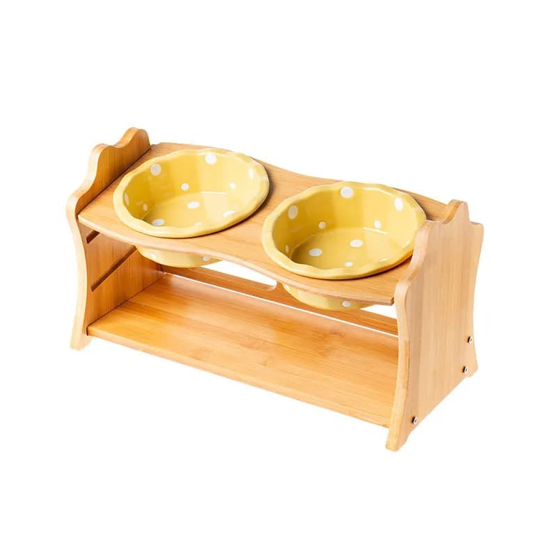 Raised Double Bowl Pet Feeder with Wooden Stand