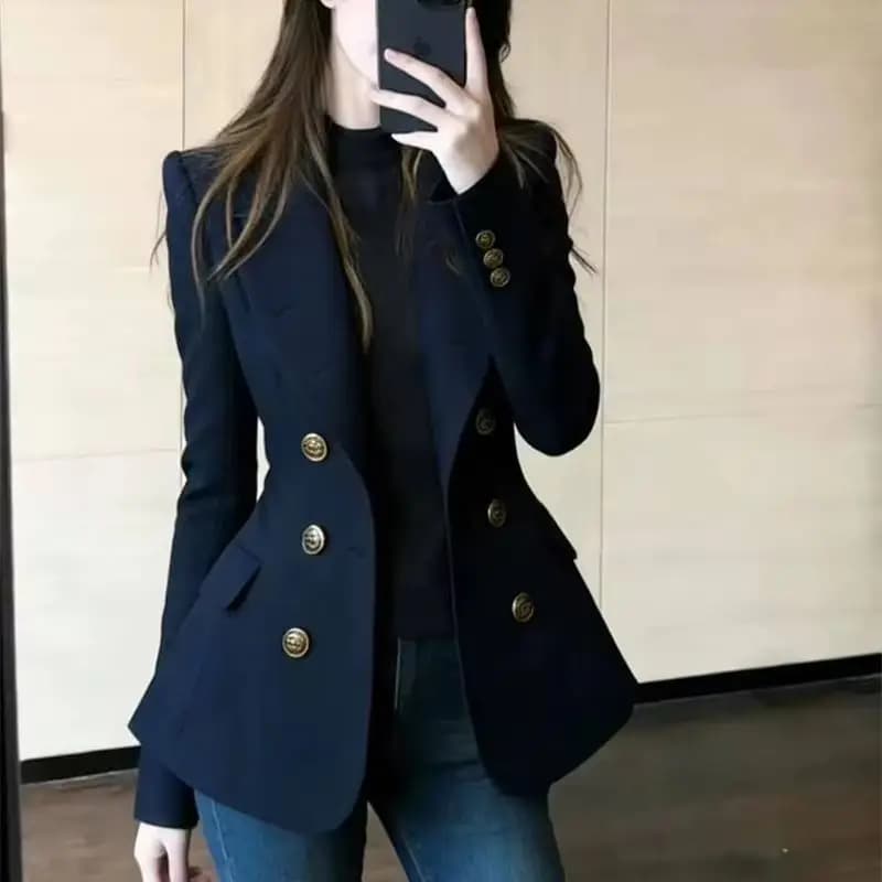 Navy Blue Double-Row Slim Fit Blazer