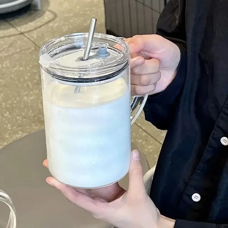 1L Glass Drinking Cup with Lid and Straw