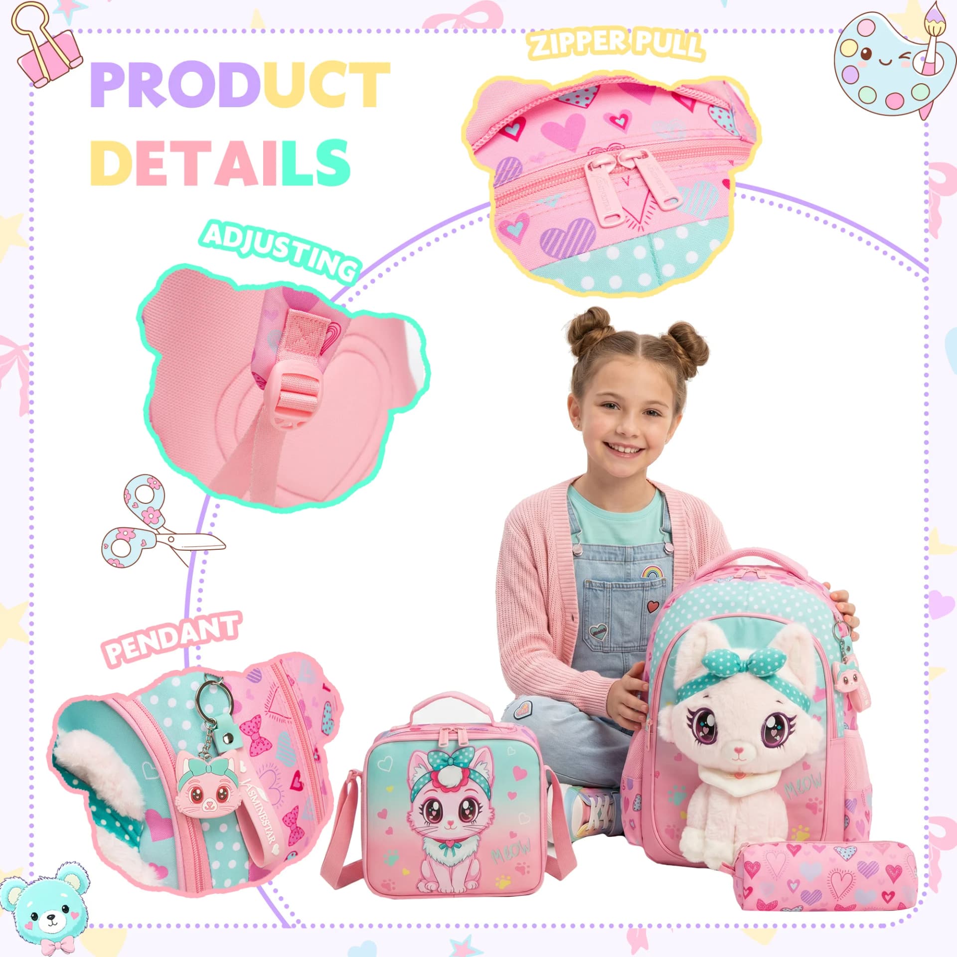 Girls School Backpack with Lunch Bag and Pencil Case