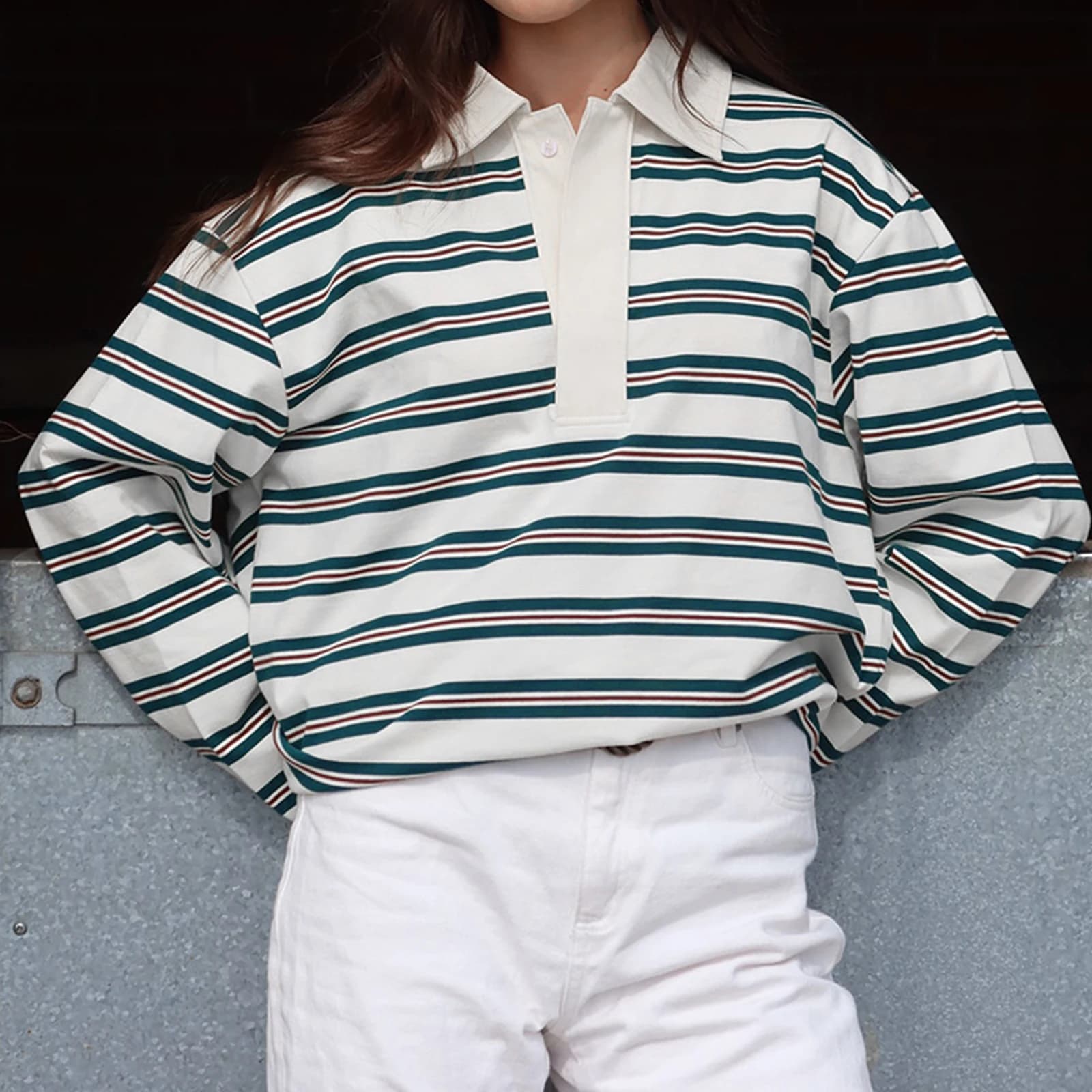 Women's Spring Fall Fashionable  Striped Print Collared Tops Casual Long Sleeve Loose Fit Lapel T-shirts