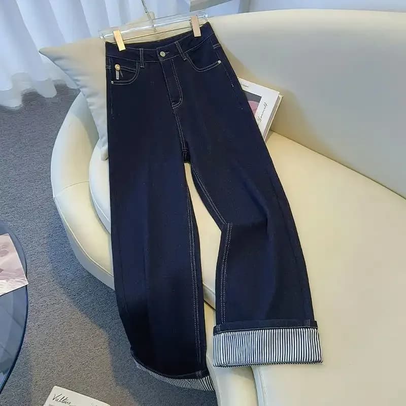 Women's Straight Leg Denim Jeans with Striped Cuff