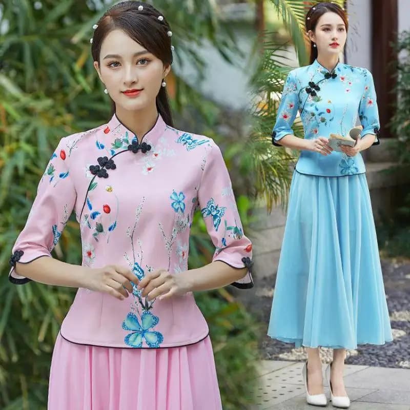 Embroidered Qipao Cheongsam Top with Pants Set