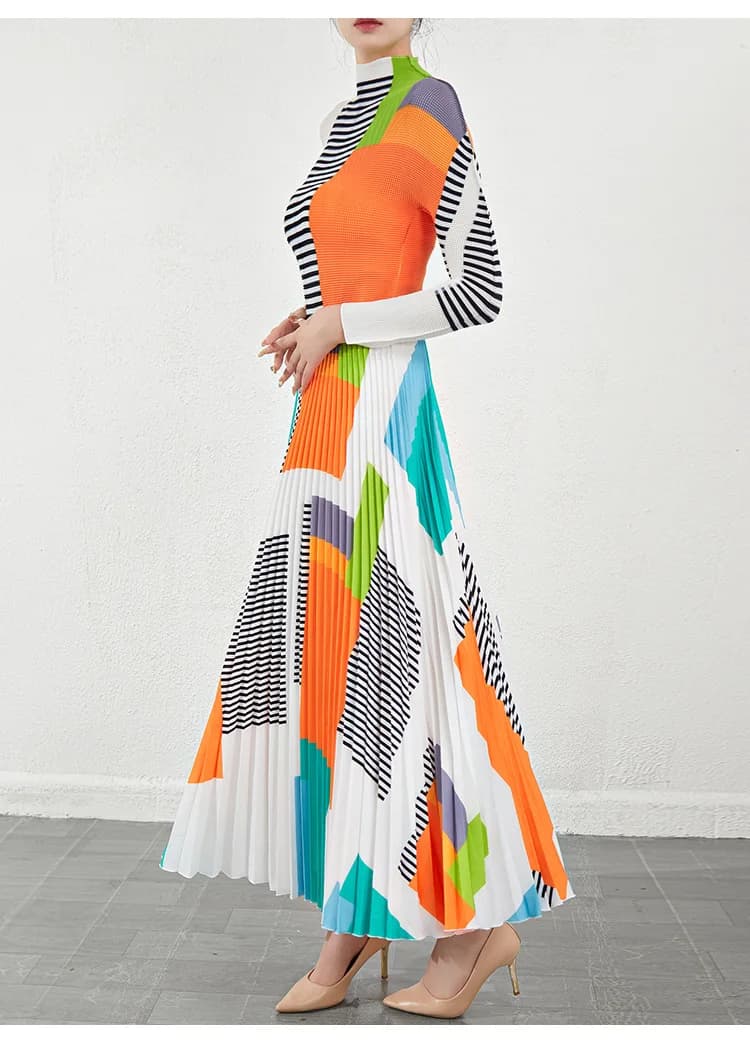 Women's Spring and Autumn Fashion Two-Piece Set: High-Neck Printed Slim-Fit Long-Sleeve T-Shirt and Skirt