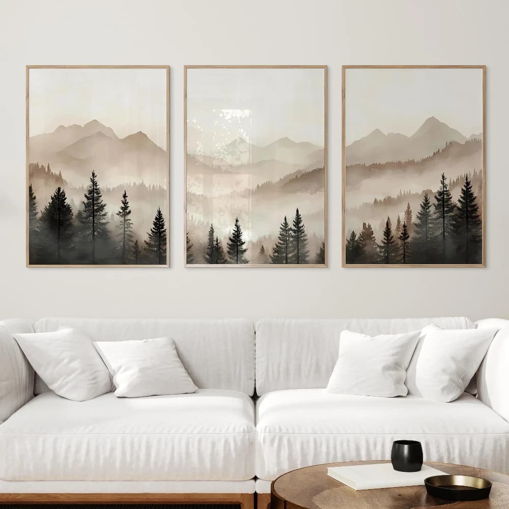 Abstract Foggy Mountains Triptych Print Set