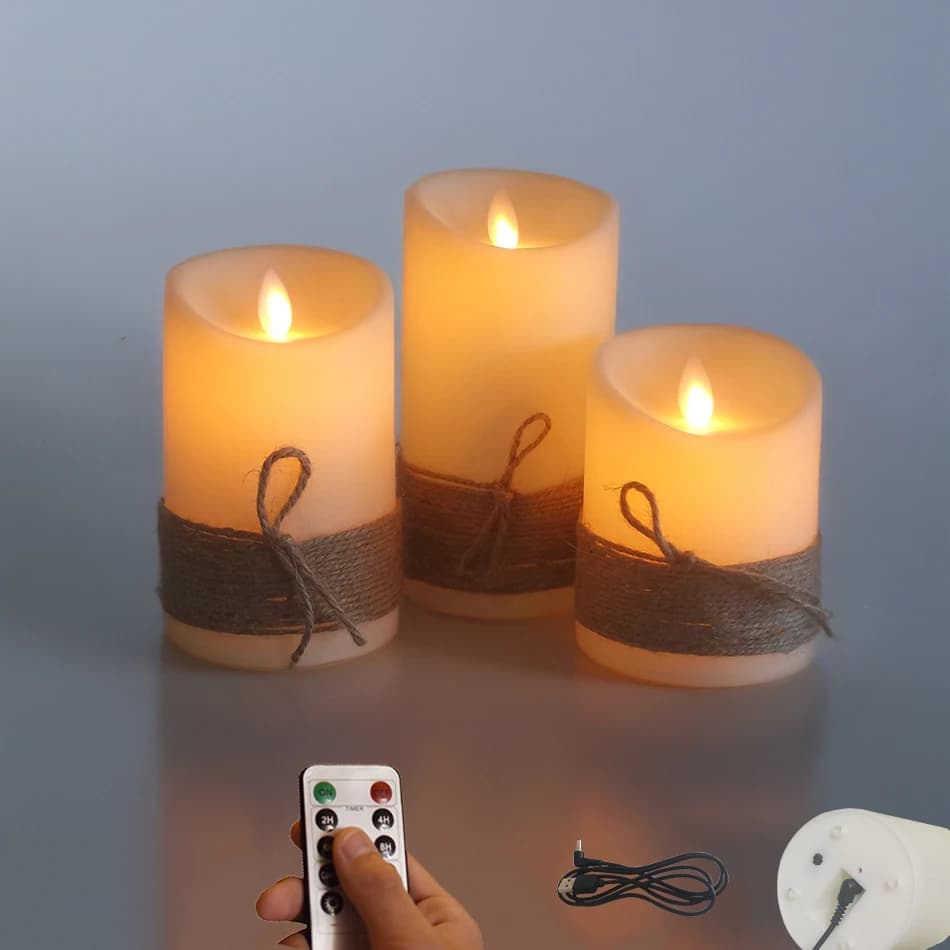 LED Candles with Dancing Flame,Vintage Rope String Wrapping,Battery Operated or USB Rechargeable Option,Ambiance Lamp, 3 PCs/Set