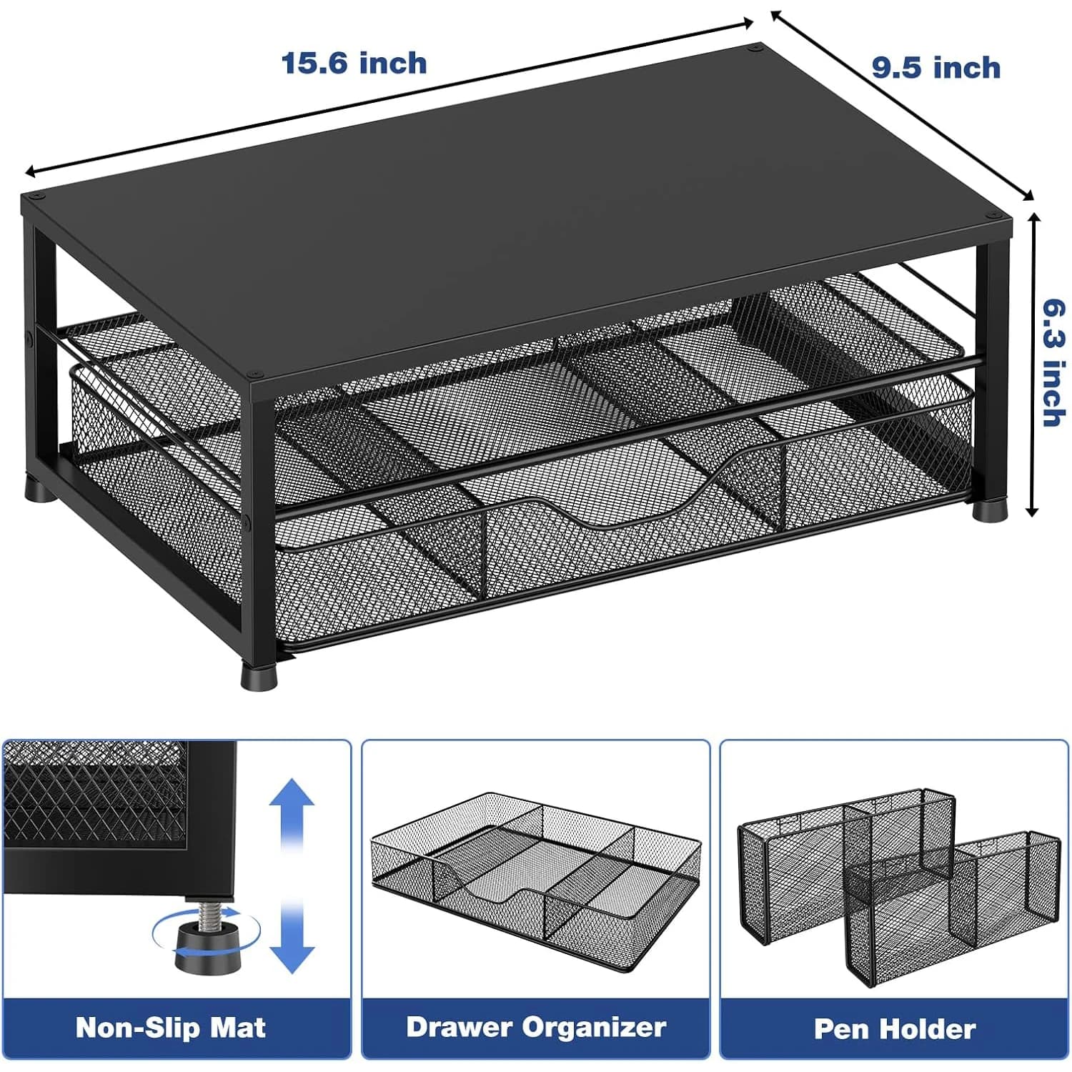 2-Tier Monitor Stand with Drawer and Pen Holders