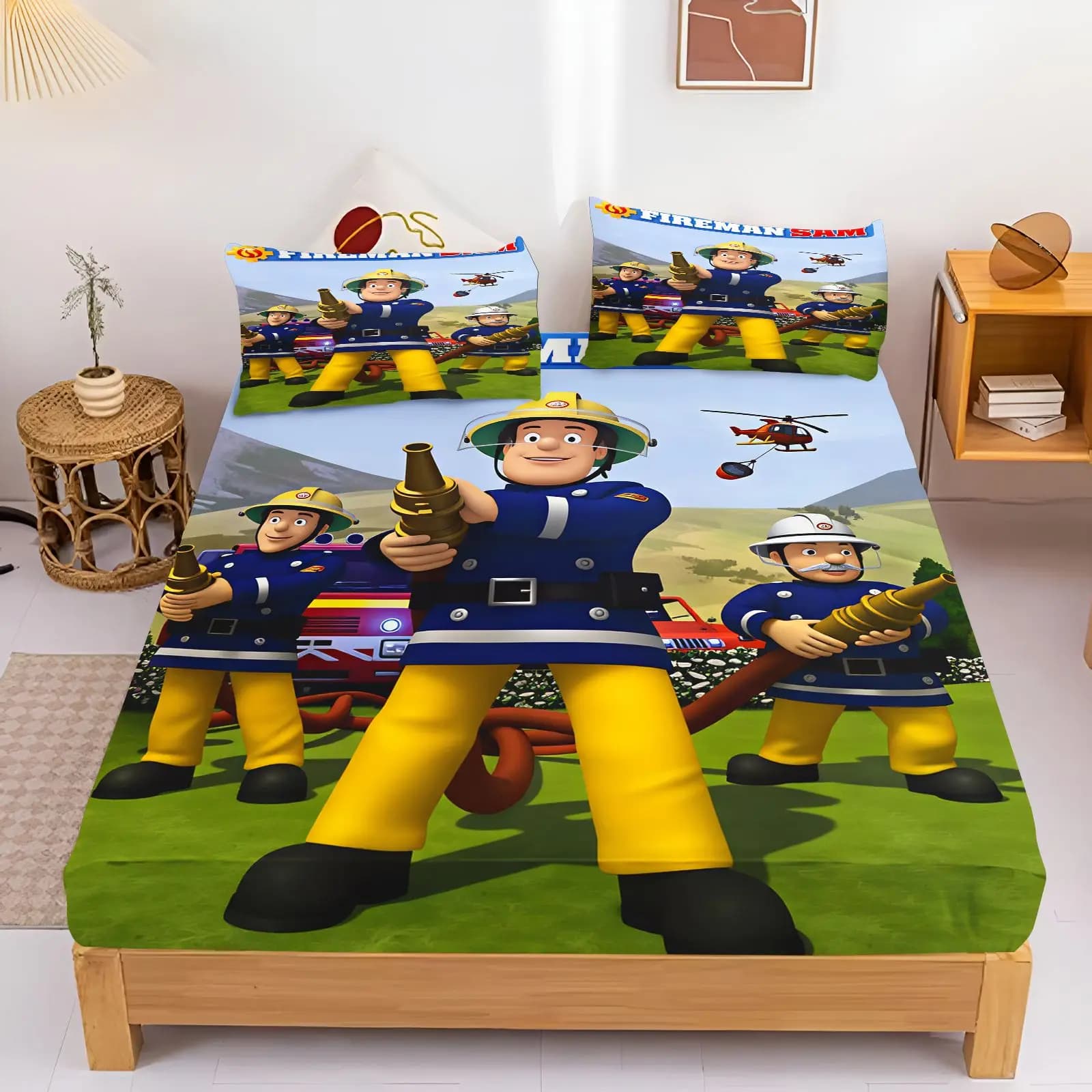 Fireman Sam Bedding Set Fitted Sheet Pillowcase Kids Cartoon Bed Cover Bedroom Decor Bed Sheets Home Textile