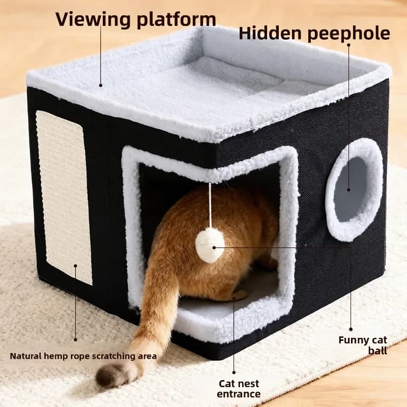 Foldable Plush Cat Cave Bed with Scratching Pad