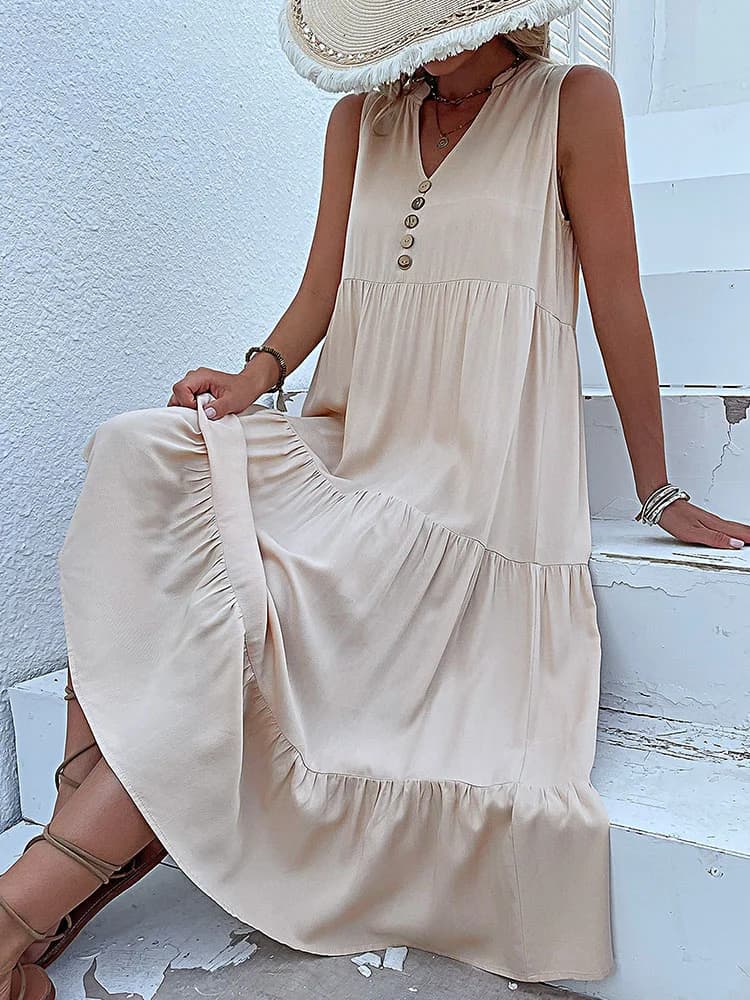 Casual Summer Midi Dress Sleeveless V-Neck
