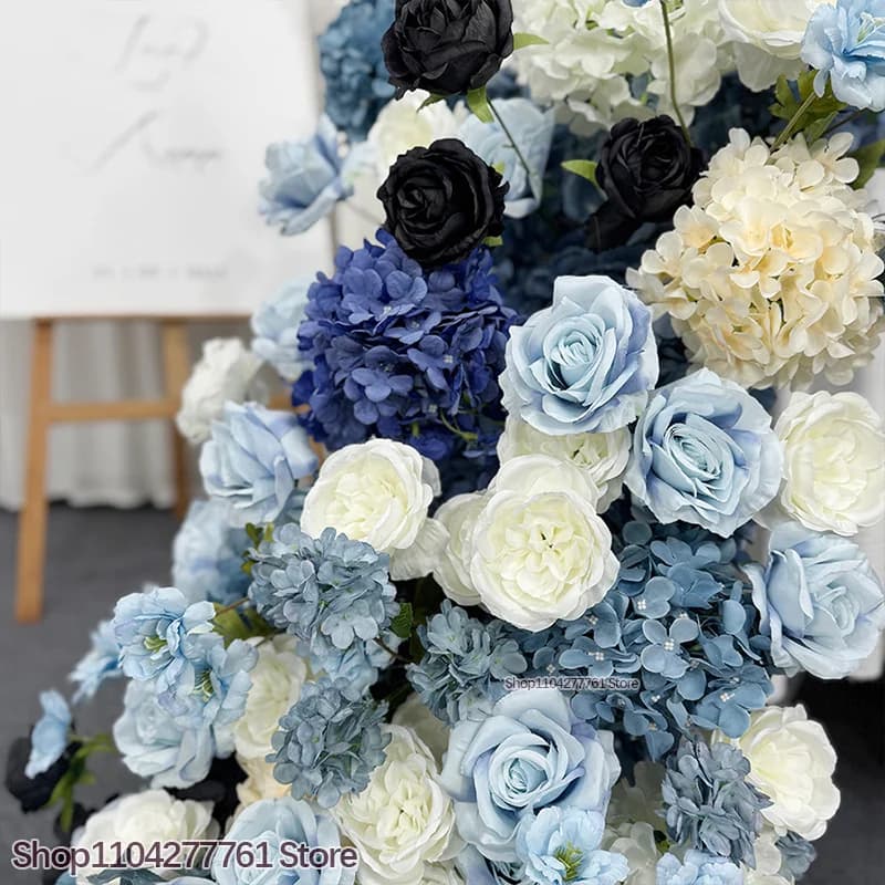 Wedding Decor Artificial Flower Row Arrangement Navy Blue/Light Blue/black Table Runner Flower Party Event Backdrop Wall Layout