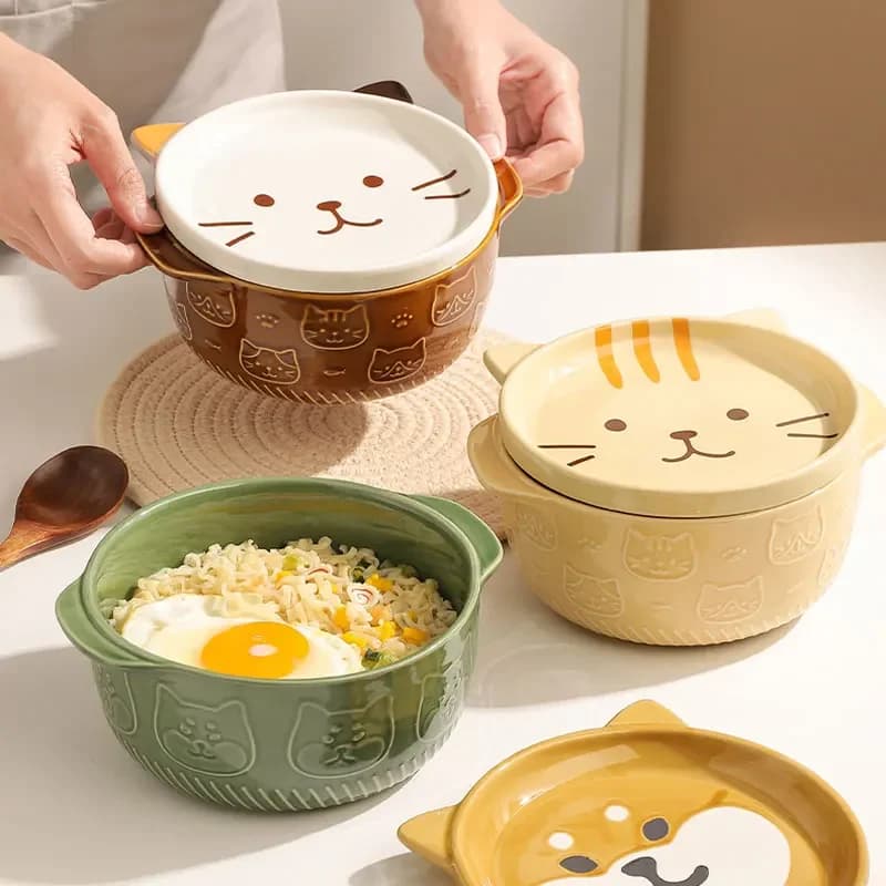 Ceramic Cat and Dog Noodle Bowls with Lids