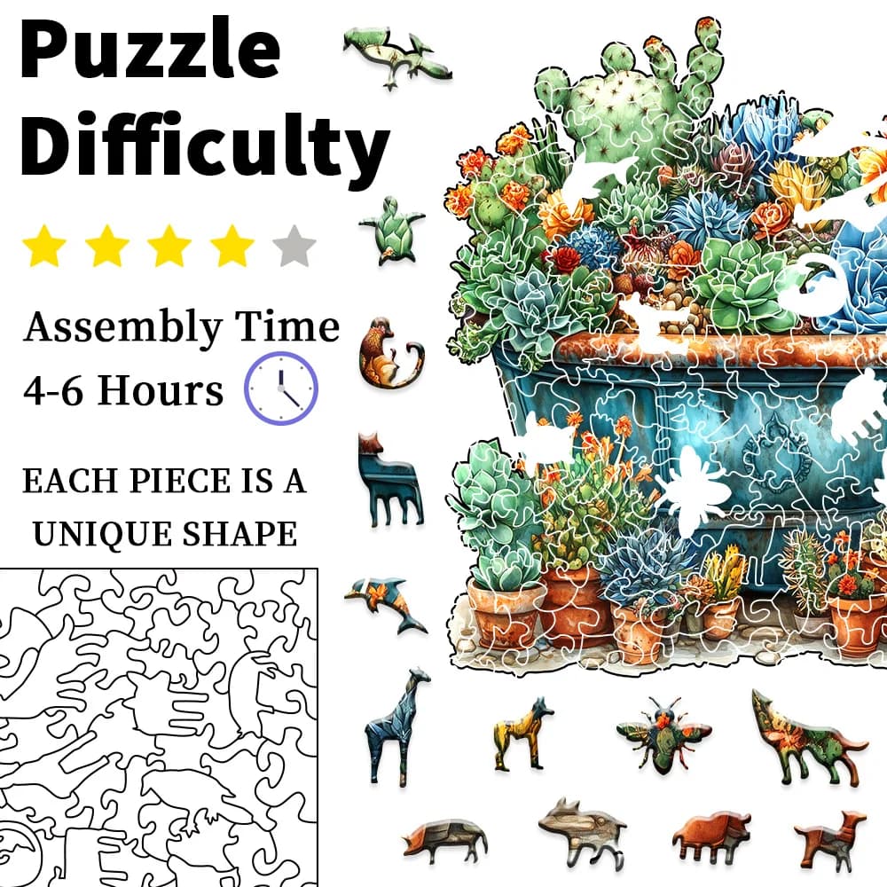 Wooden Puzzle with Animal and Succulent Shapes