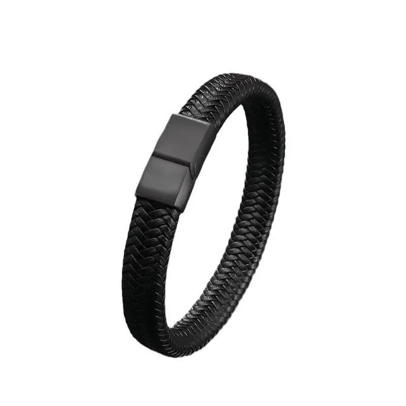 Men's Black Leather Magnetic Wristband