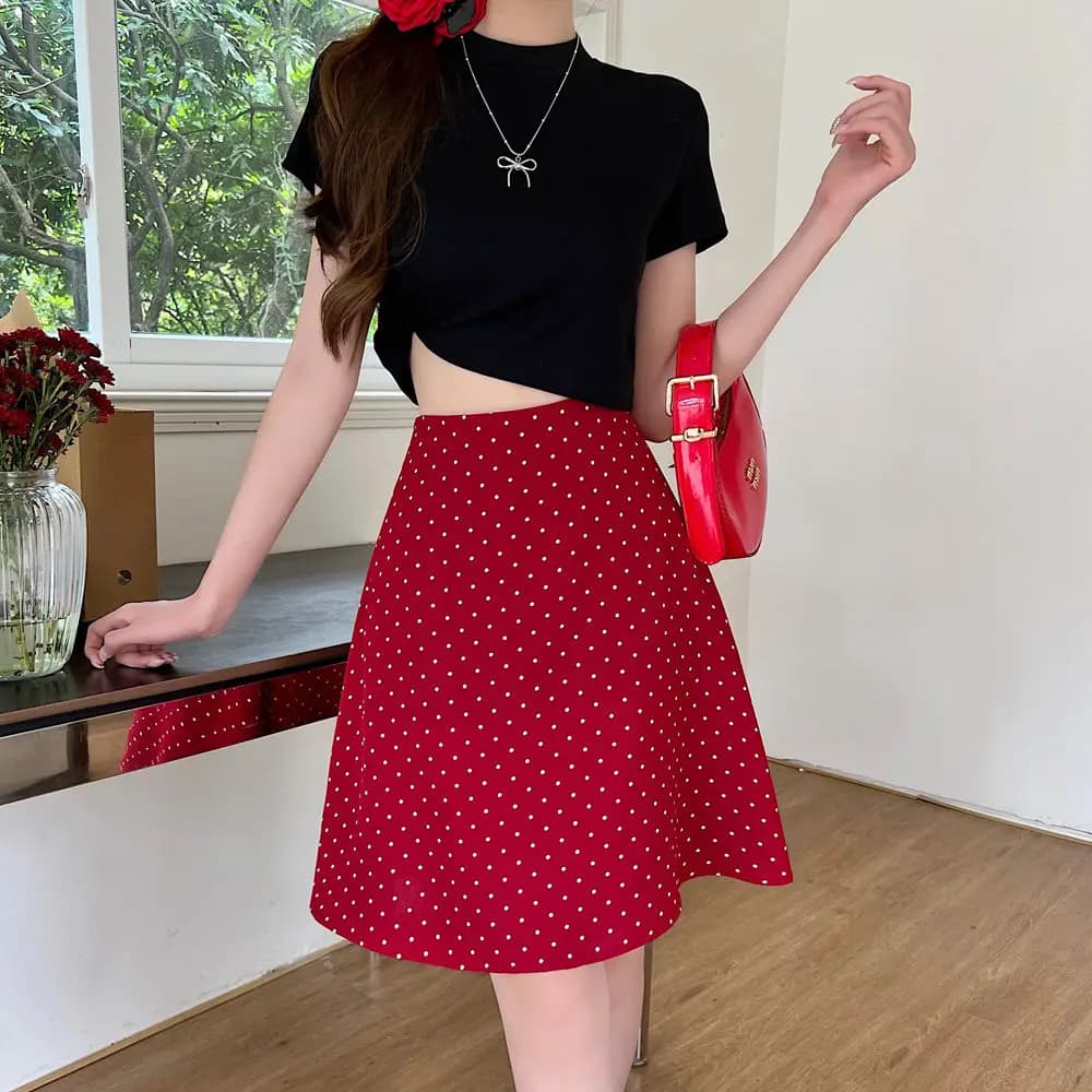 Women's High Waist Red Midi Skirt