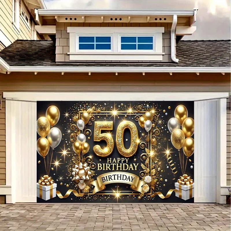 50th Birthday Party Banner Gold Black