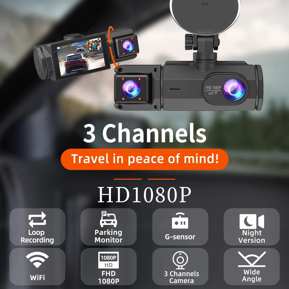 Dash Cam For Cars 32G Card 3Channels FHD1080P Car DVR Night Vision Loop Recording G-sensor Driving Recorder Tachograph Black Box