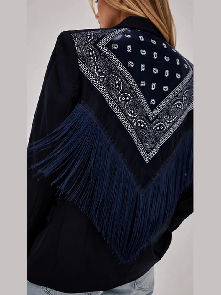 Women's Bandana Print Blazer with Fringe Shawl Back