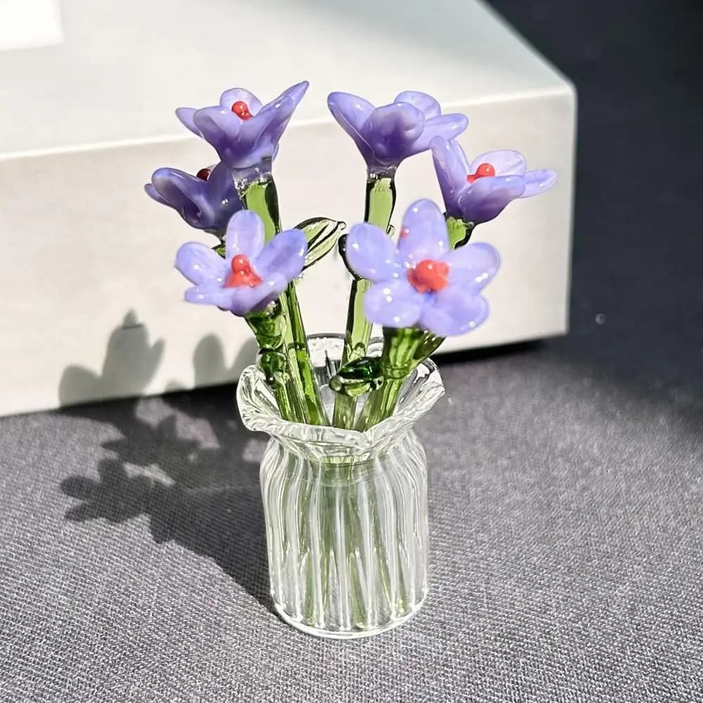 Hand-Blown Glass Flower Bouquet with Vase
