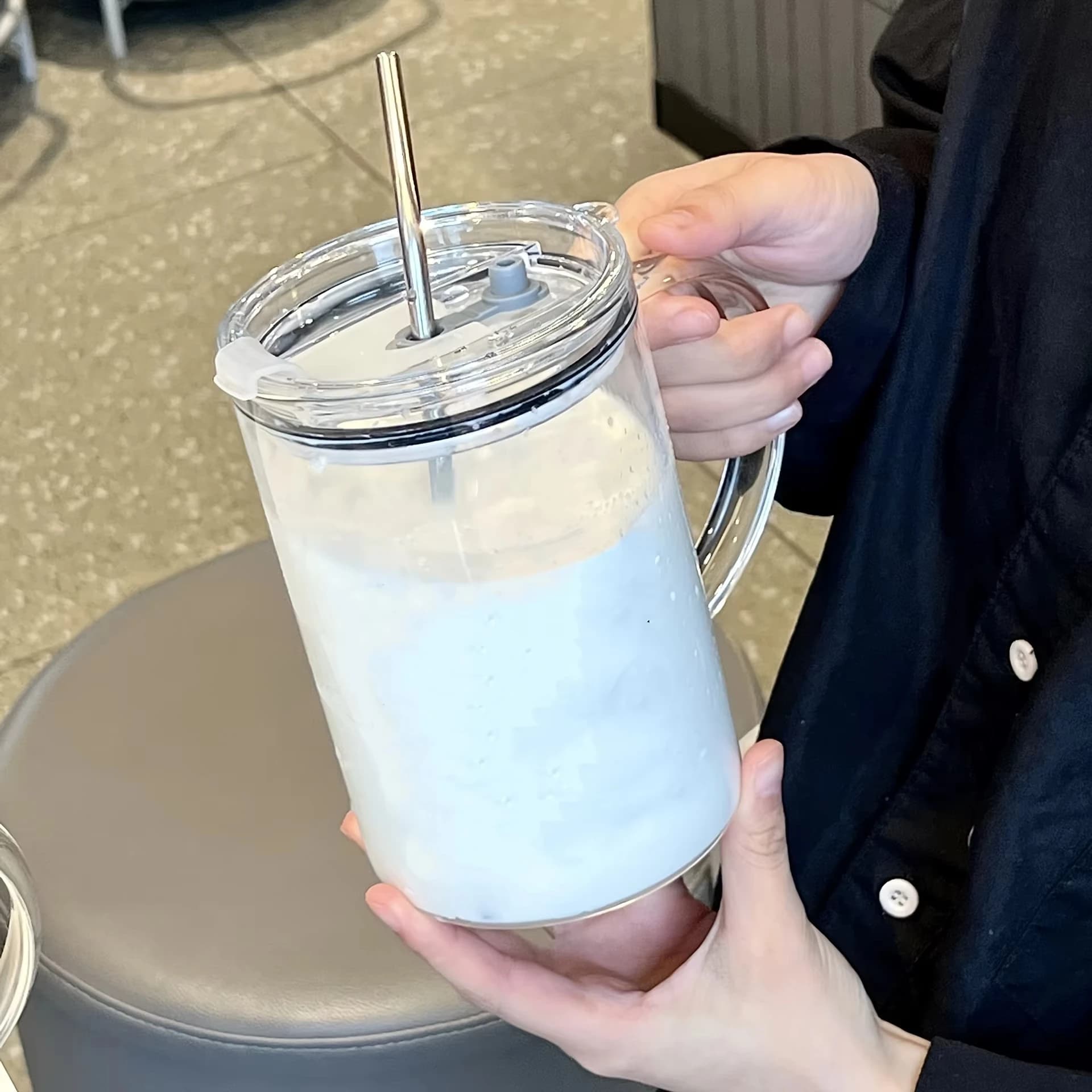 Large Glass Water Cup with Lid and Straw