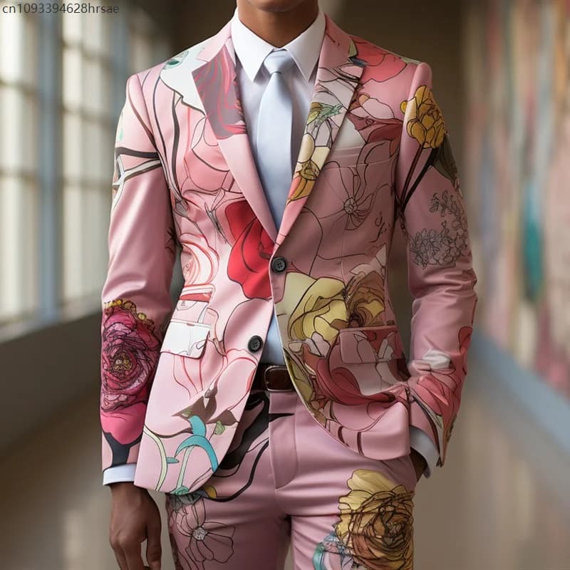 Men's Rose Flower Digital Print Suit Jacket and Trousers