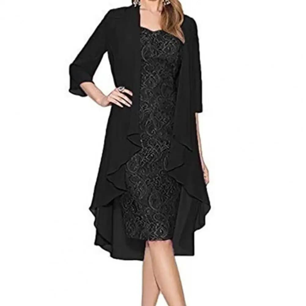 Elegant Lace Flower Pattern Dress with Cardigan