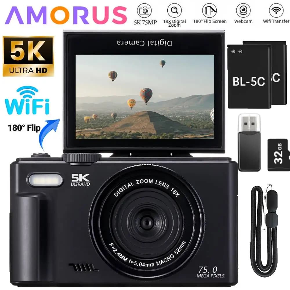 75MP 5K Digital Camera with 18X Zoom