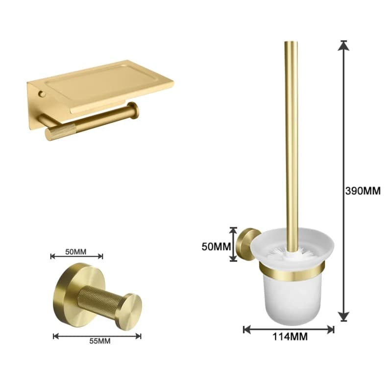 Bathroom Hardware Accessories Set Brushed Gold Knurled Brass Kit Towel Bar Ring Robe Hook Paper Holder Towel Ring Toilet Brush