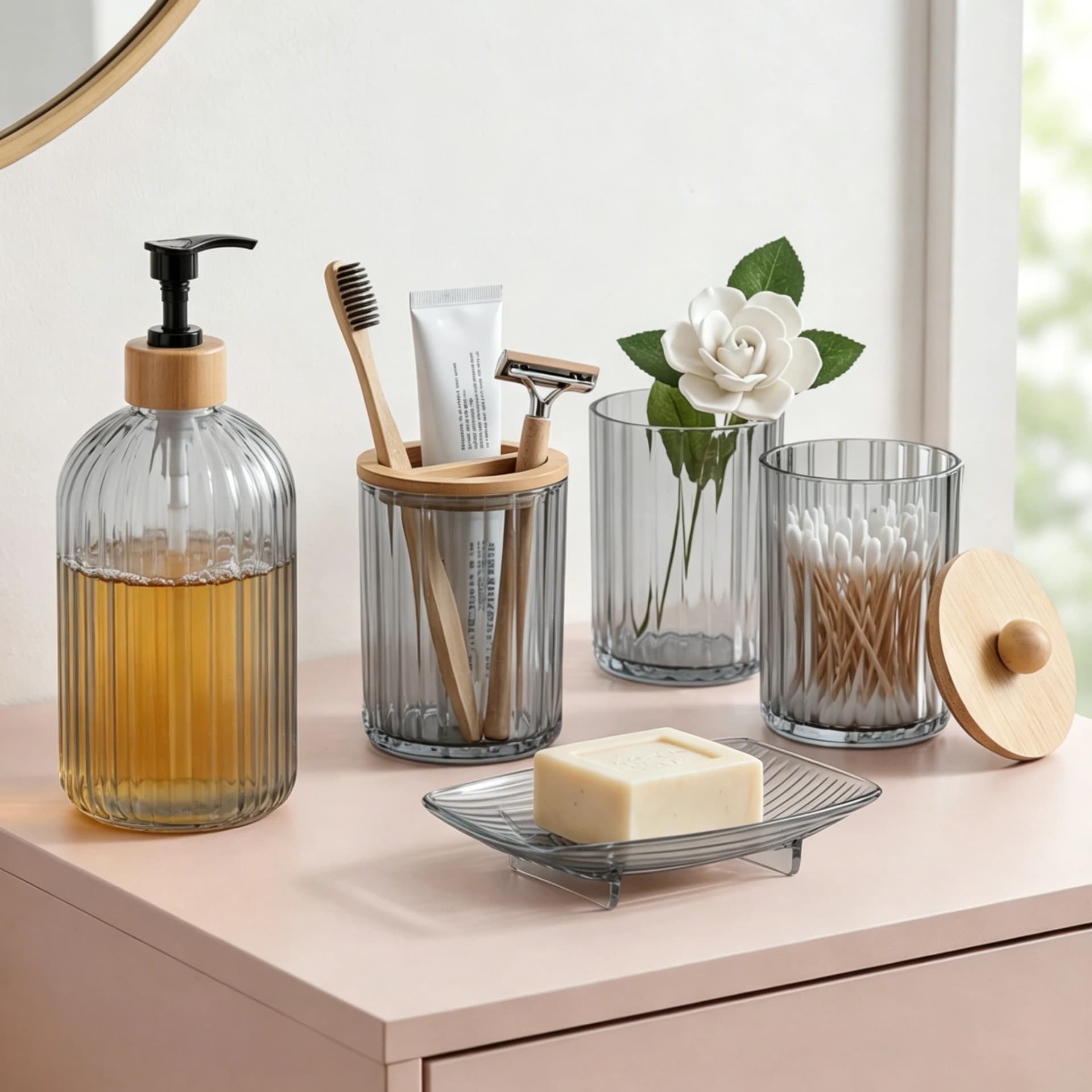 Bathroom Accessories Set, Toothbrush Holders Set Complete with Soap Dispenser, Bathroom Vanity Storage Cups and Cotton Swab Jars
