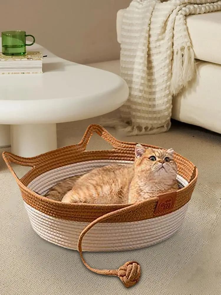 Hand-Woven Cotton Rope Cat Bed Basket