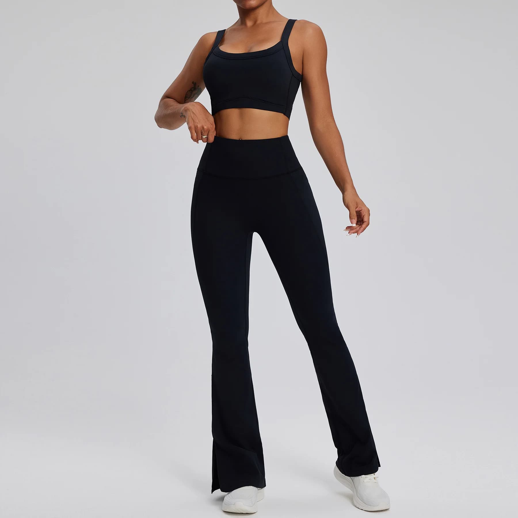 Yoga Set 2PCS Women Gym Long Sleeve Sportswear Workout Clothes Athletic Wear High Waist Bell-bottoms Fitness Bra Sports Suits
