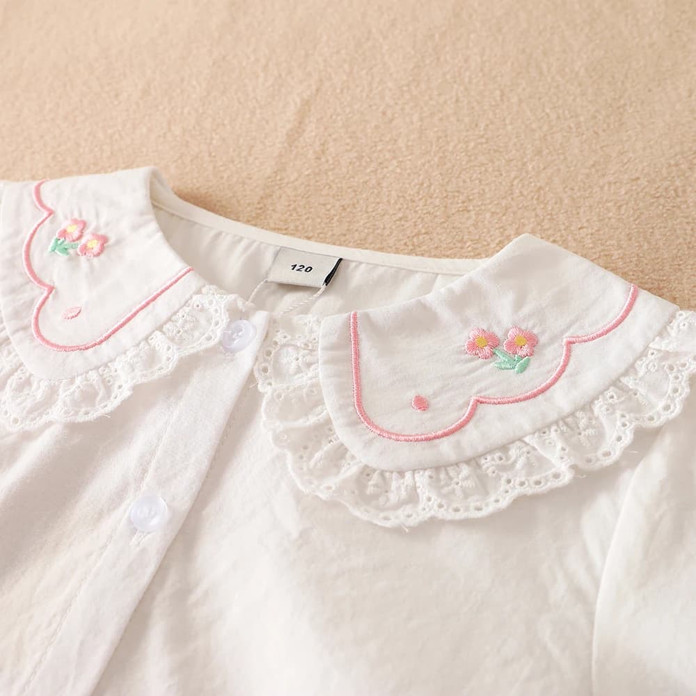 Girls White Cotton Long-Sleeve Ruffled Collar Shirt