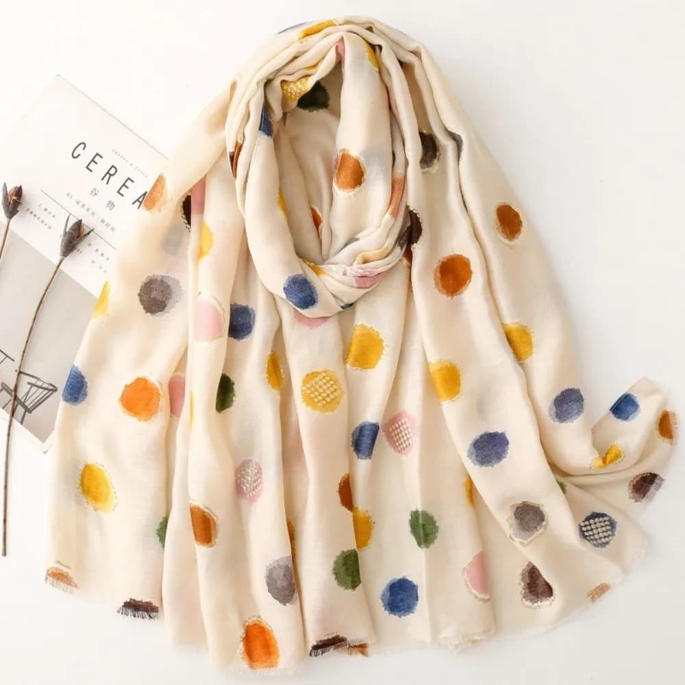Polka Dot Cotton Blend Scarf with Fringe