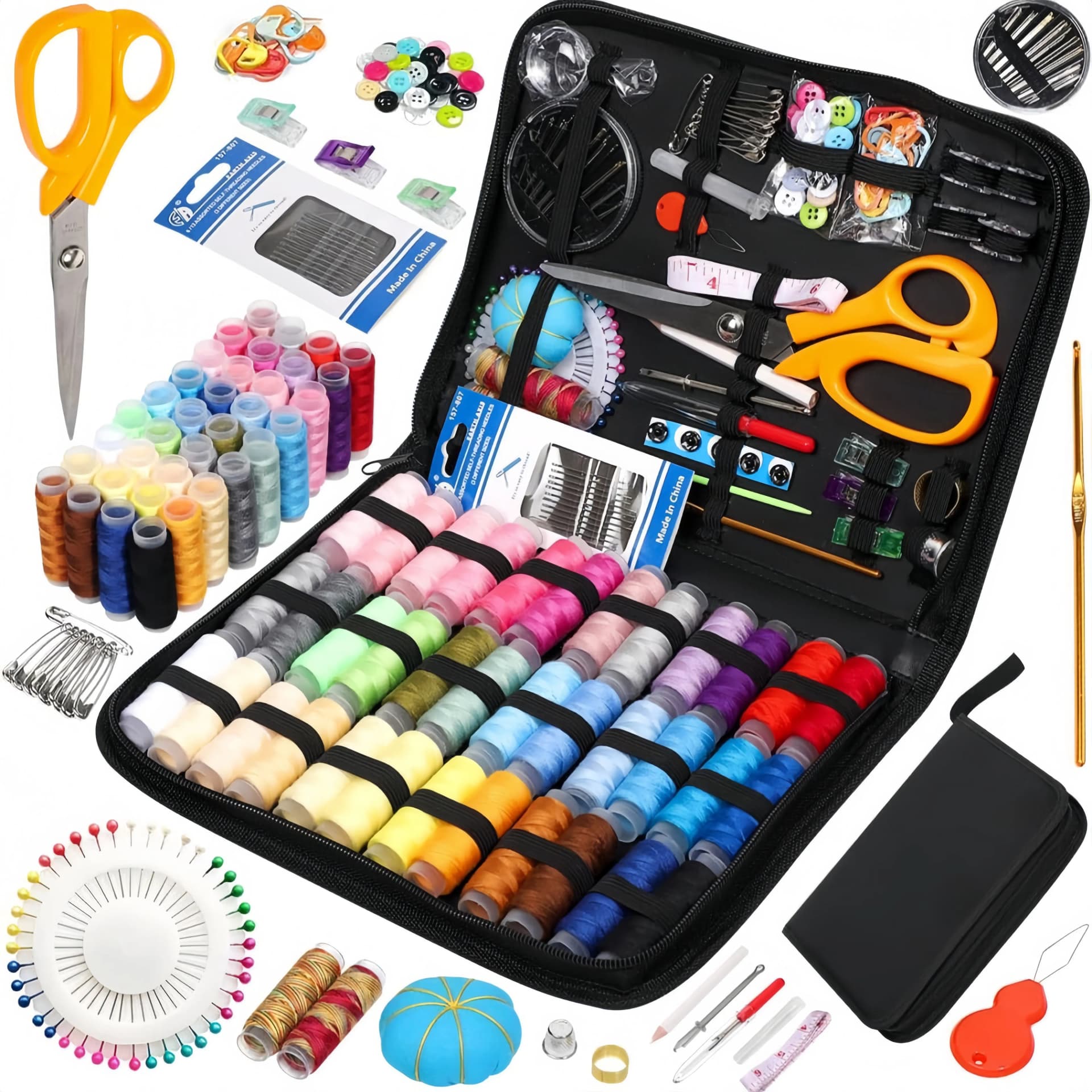 Sewing Kit Complete Set with Threads Needles Scissors Tape Measure Buttons and More for DIY Handcraft Projects Home and Travel