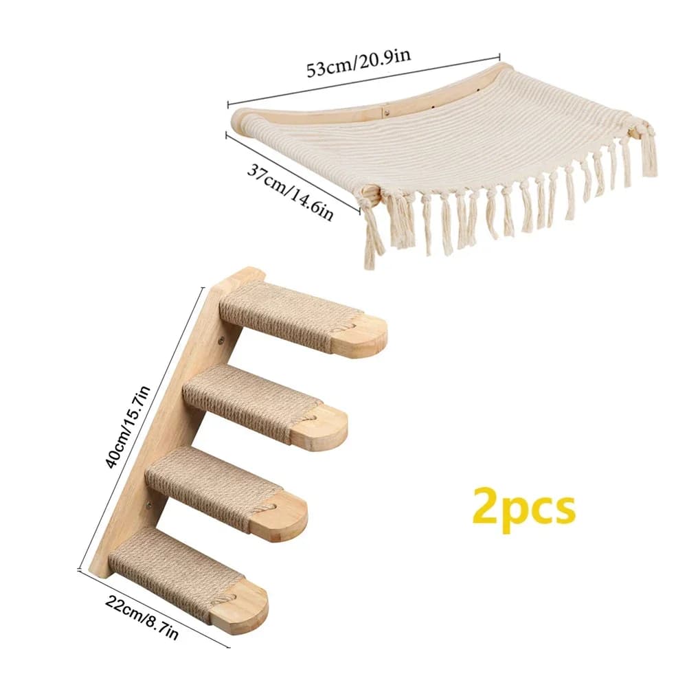 Wall-Mounted Cat Tree with Hammock and Stairs