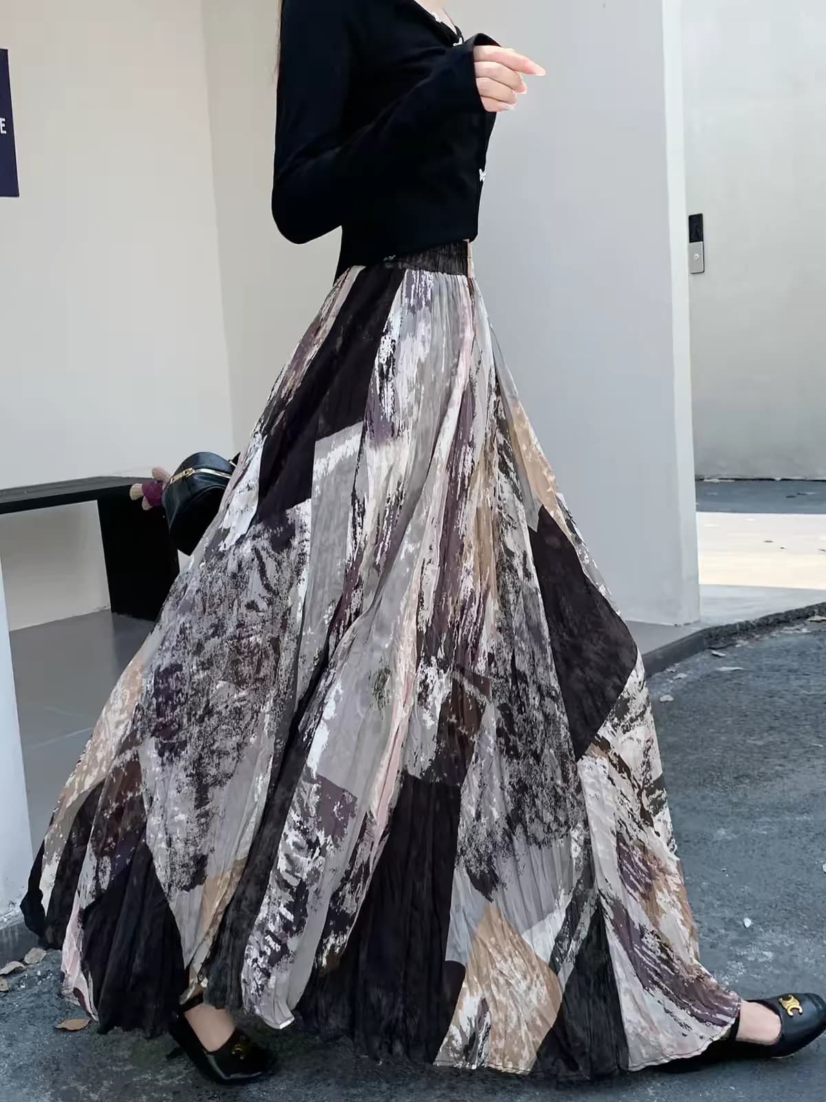 Fall Printed Pleated Maxi Skirt