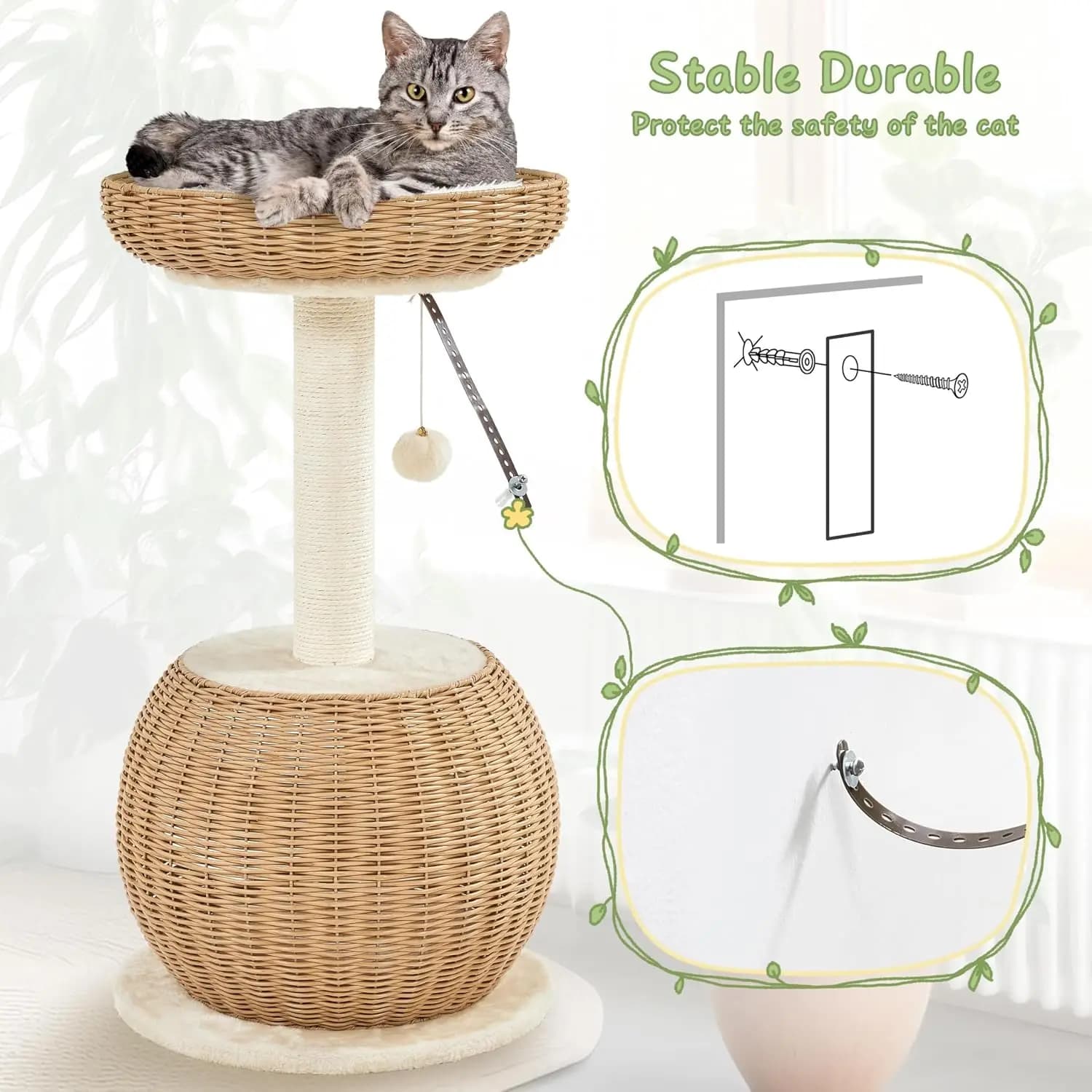 Small Boho Cat Tree with Rattan Perch