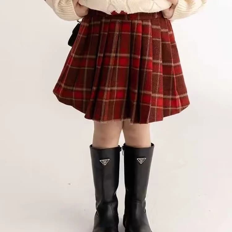 Girls Pleated Plaid Winter Wool Skirt