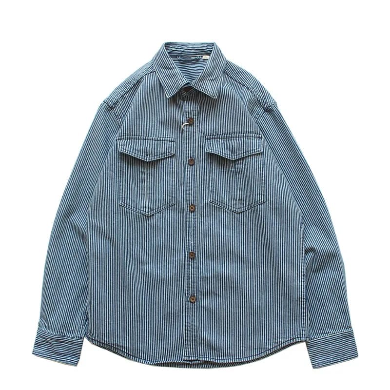 Vintage Washed Striped Denim Shirt Men's Loose Fit