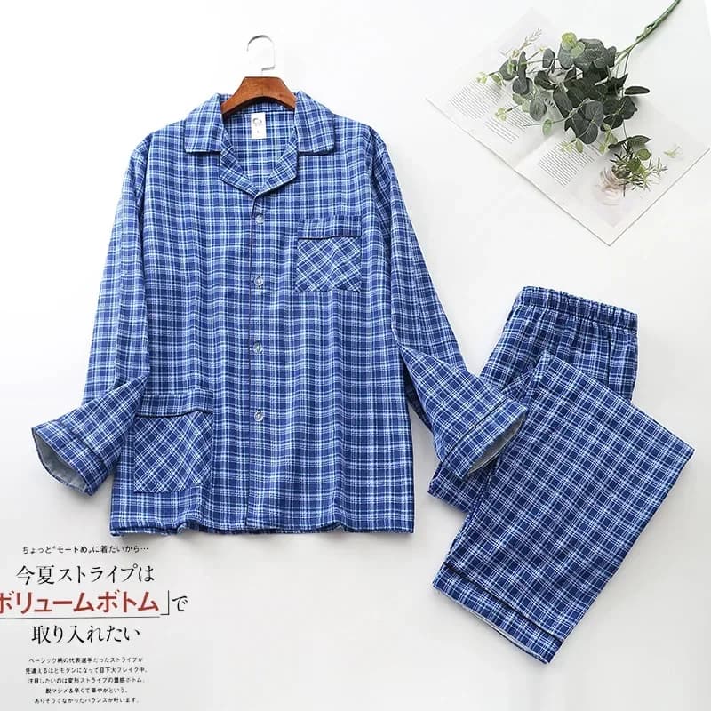 Pajama Men Clothing Sets for Spring Autumn and Winter Long-sleeved Trousers Suits Brushed Cloth Cotton Plaid Pajamas Men Suit