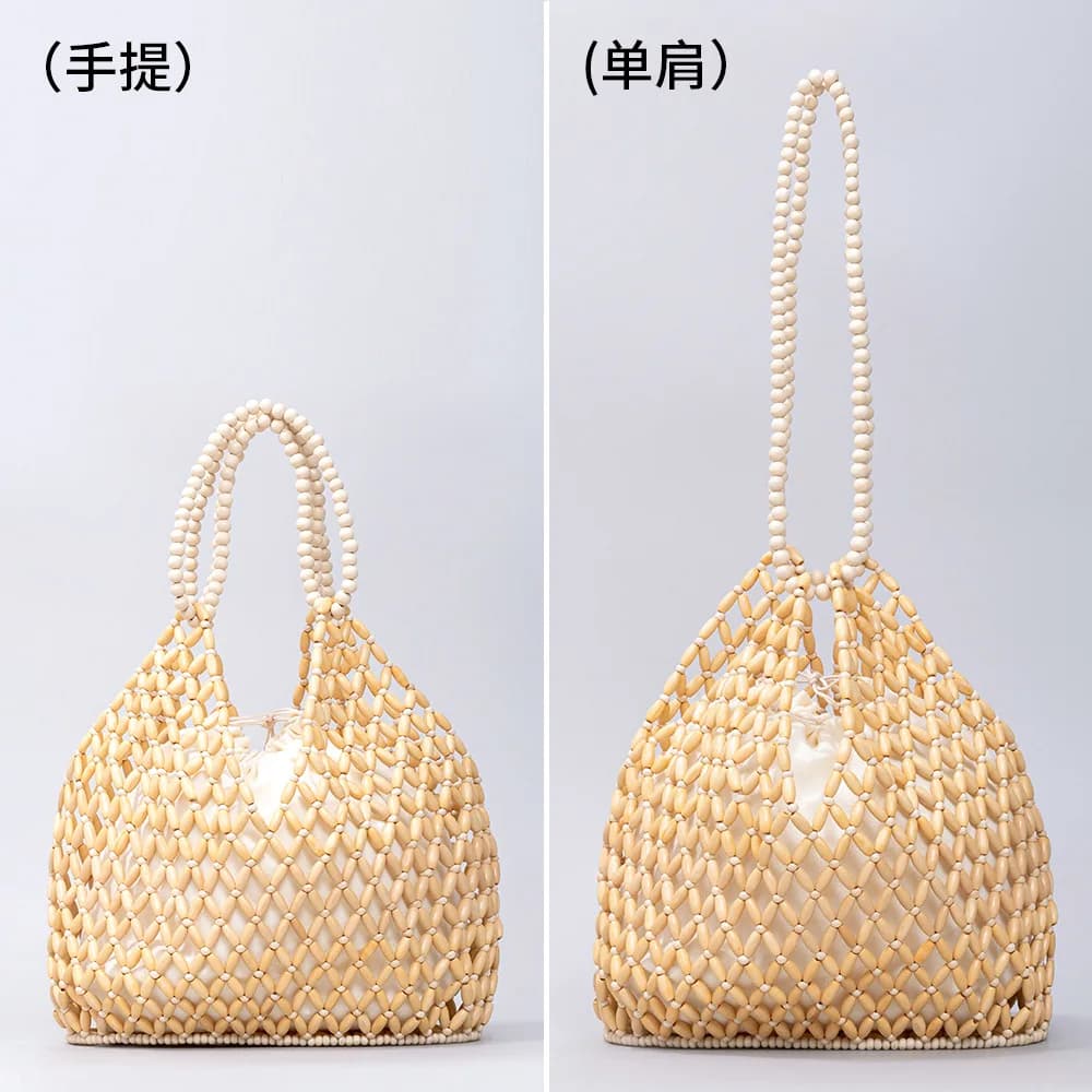 Simple Casual Handwoven Wooden Bead Handbag New Retro Versatile Summer Vacation Handheld Women's Shoulder Bags Water Bucket Bag