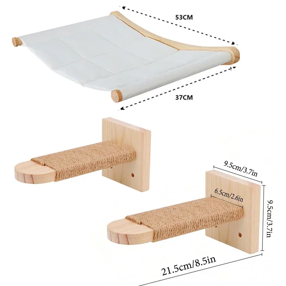 Wall-Mounted Cat Tree with Hammock and Stairs