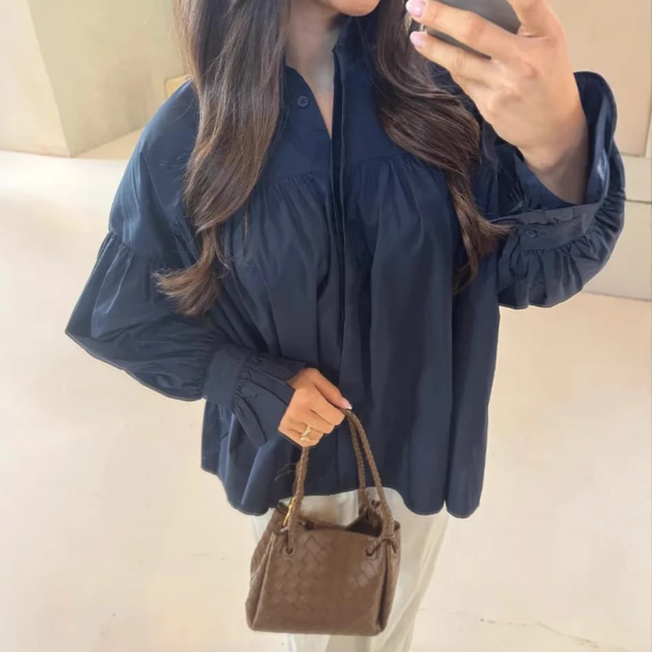 Women's Fashion 2025, Two-color Chiffon Shirt with Drop Shoulder, Lantern Long Sleeves, Loose Fit, Single-breasted.
