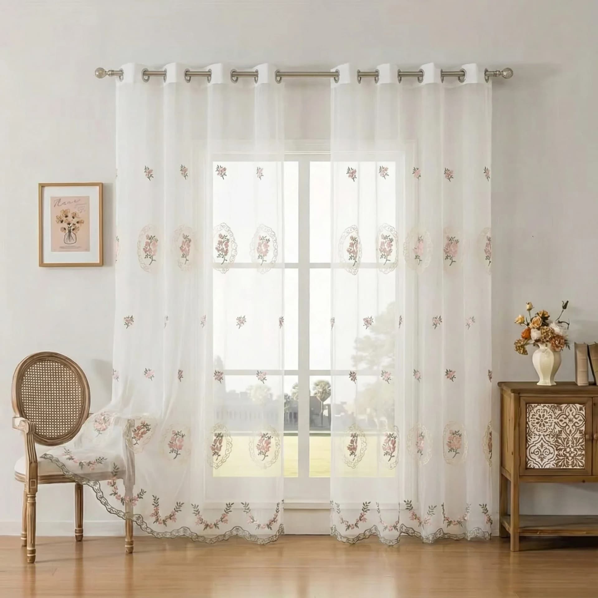 Floral Embroidery Sheer Curtain Panel