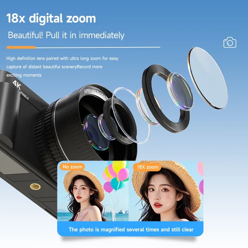 Compact 4K Digital Camera 64MP with 18x Zoom