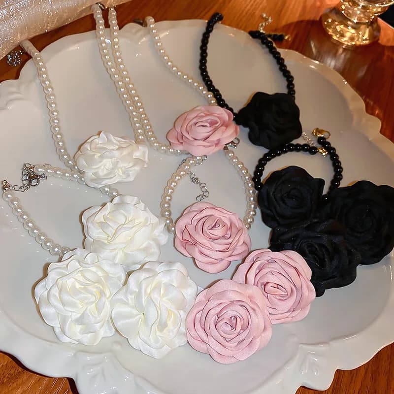 4 Pcs Jewelry Sets for Women Fabric Flowers Necklace Bracelet Earrings French Fashion Retro Style Girl Party Accessories Set