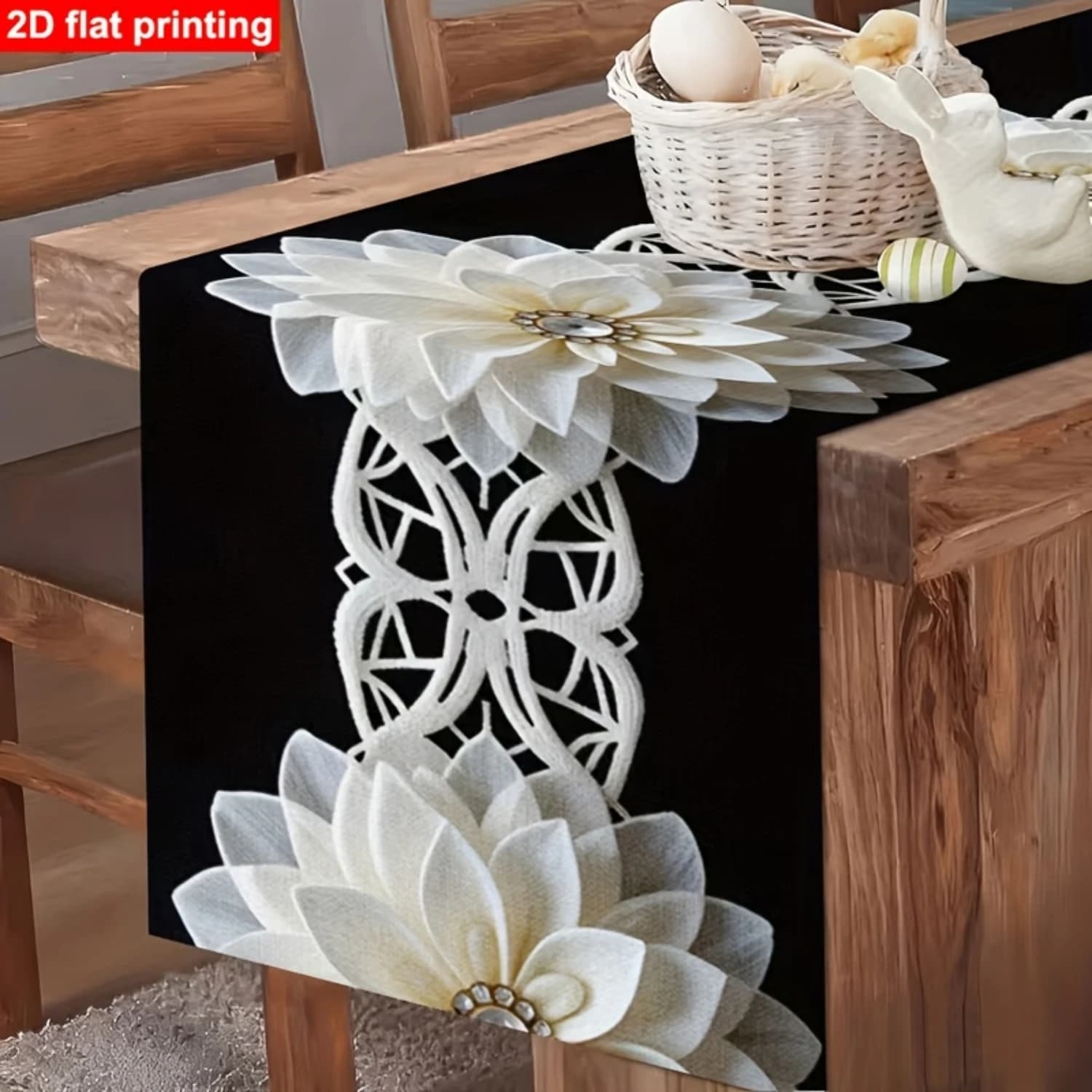White Floral Linen Table Runner