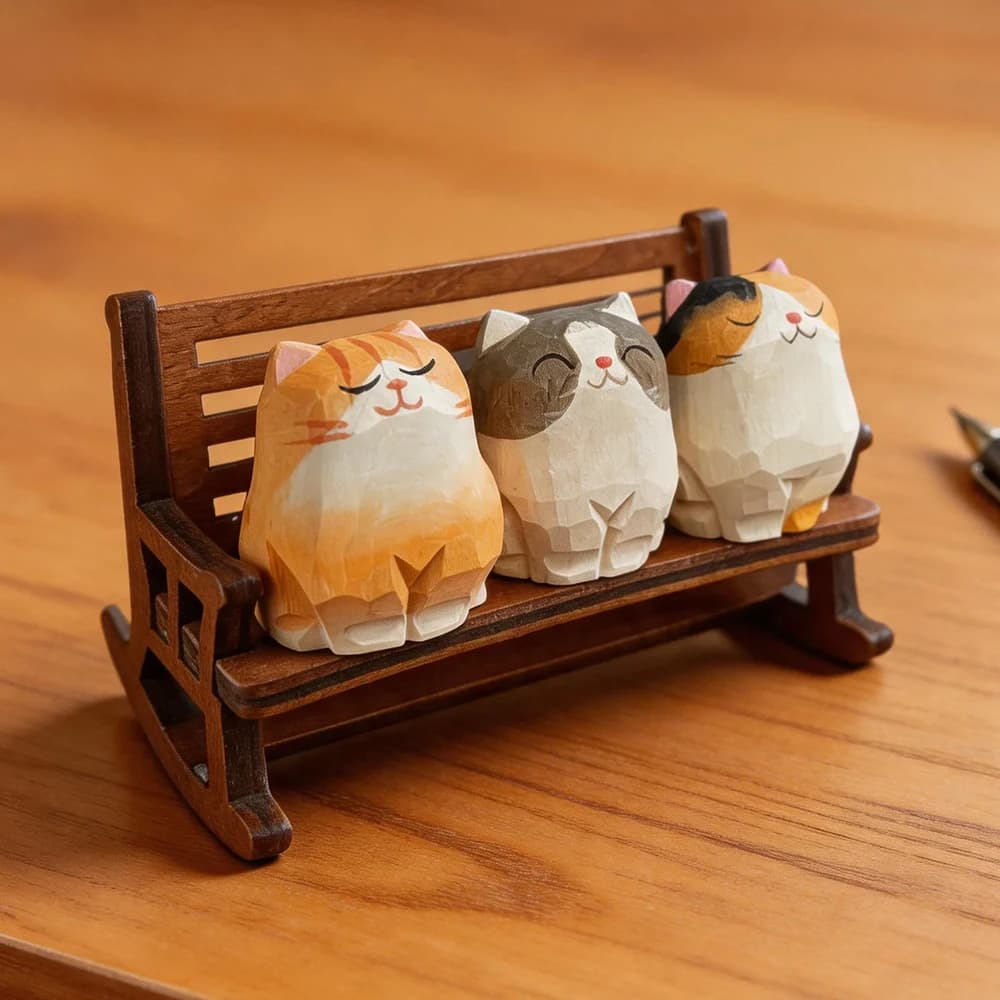 Hand Carved Wooden Cat Figurines Cute Kitten Statue with Mini Bench Home Orange Calico Cat Ragdoll Cat Desktop Ornament Gift