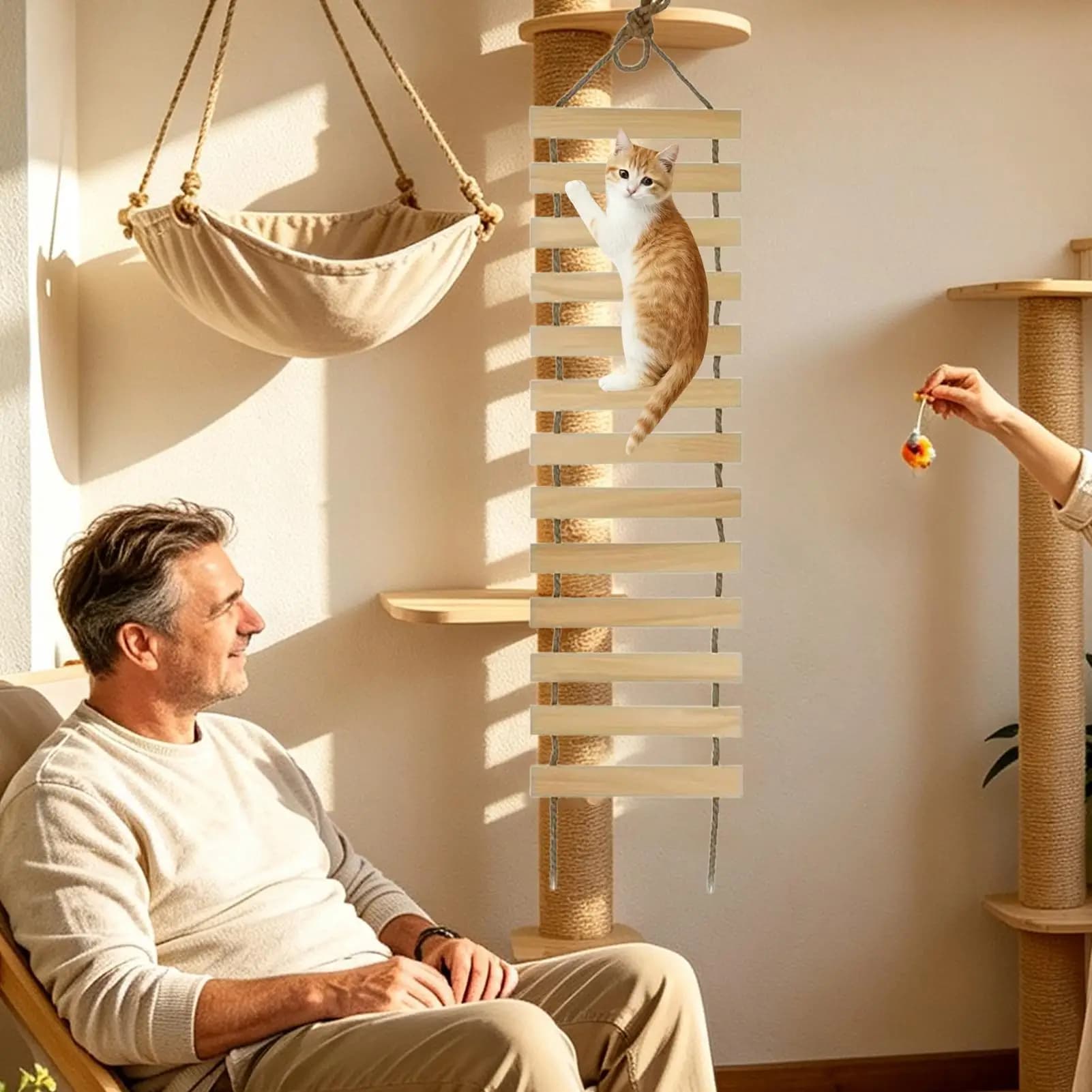 Wall-Mounted Cat Bridge Multi-Level Wooden Steps