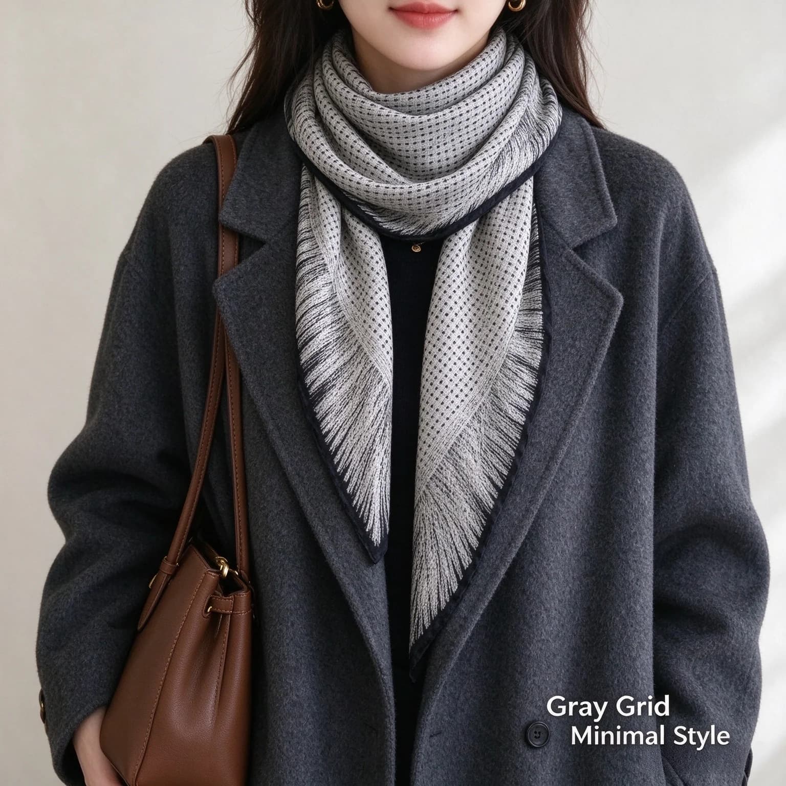 Lightweight Silk Wool Square Scarf Gray Grid